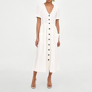 Zara Linen Button Down Dress, White, Size M